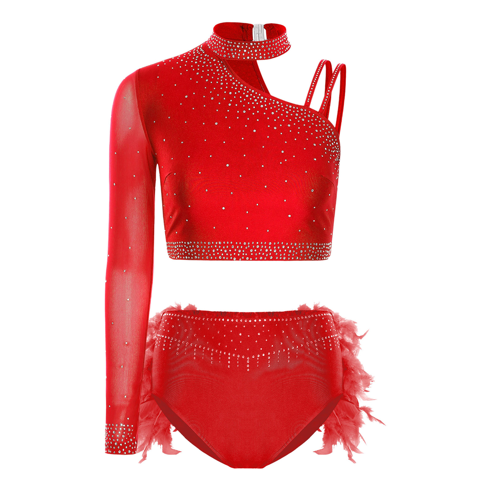 Tenues de danse latine pour femmes, asymétrique épaule dénudée, manches longues, haut court avec slip en plumes, Costume de patinage artistique Chacha Tango