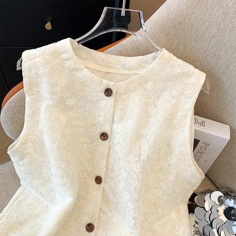 Veste gilet femme 2025 printemps automne Jacquard col rond dame vêtements d'extérieur dentelle simple boutonnage Cardigan dames gilet manteau