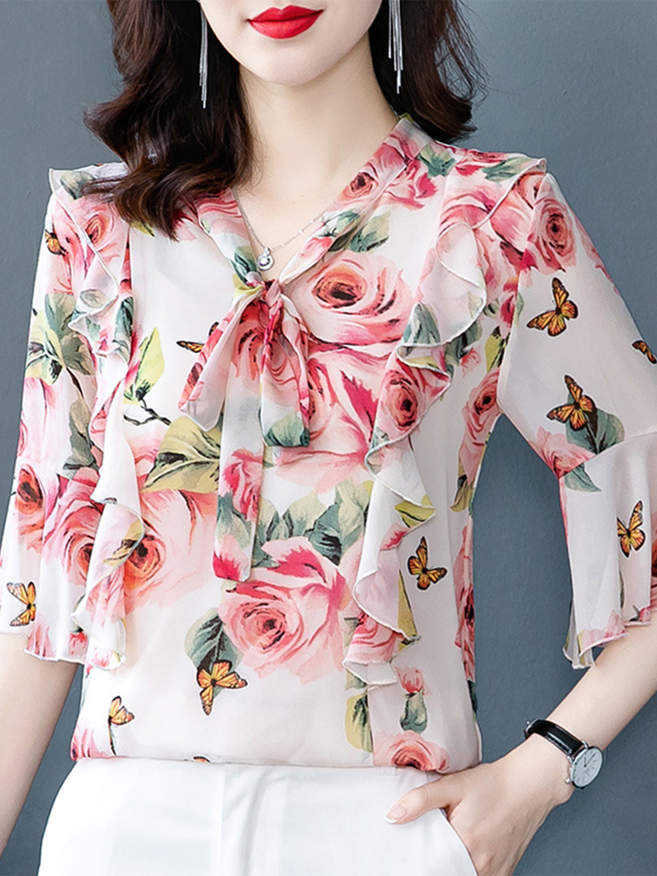 Tops pour femmes, élégants et décontractés, chemisiers à manches bouffantes, chemises à fleurs, vêtements d'été à col en V