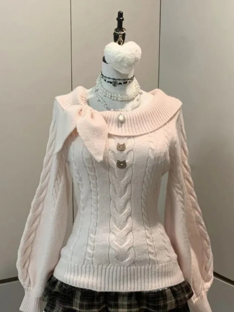 Pull en Patchwork pour femme, doux, Kawaii, mode japonaise, Vintage, fille chaude, hauts tricotés, Y2k, élégant, mignon, avec nœud, nouvelle collection hiver