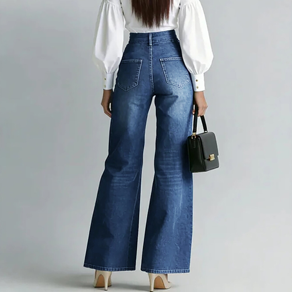 Jean décontracté pour femme à taille haute, coupe large, avec fermeture éclair décorative et poches obliques, élégant et ample