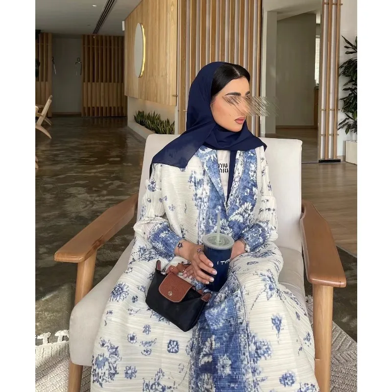 Abaya-Robe longue plissée pour femmes saoudiennes, robe de vacances, veste, péplum, blanc, imprimé haut de gamme, tempérament, décontracté, élégant, mode