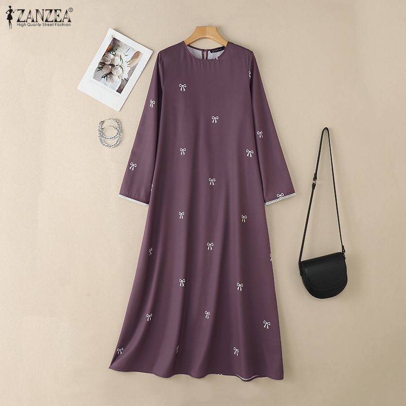 Robe longue ZANZEA musulmane modeste à imprimé nœud, col rond, manches longues, coupe ample, Abaya islamique, Hijabi, Robes de Ramadan pour femme