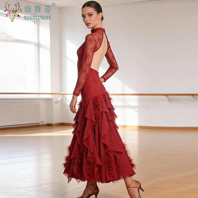 Robe de danse moderne à manches en dentelle, robes de compétition de danse de salon pour femmes, jupe à grand balançoire pour la danse de valse, costumes de performance standard