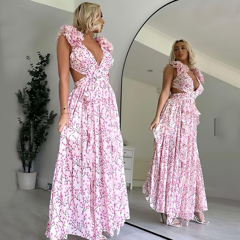 Robe longue à imprimé floral à volants, robe sexy, col en V profond, dos nu, coupe couvertes, vacances d'été