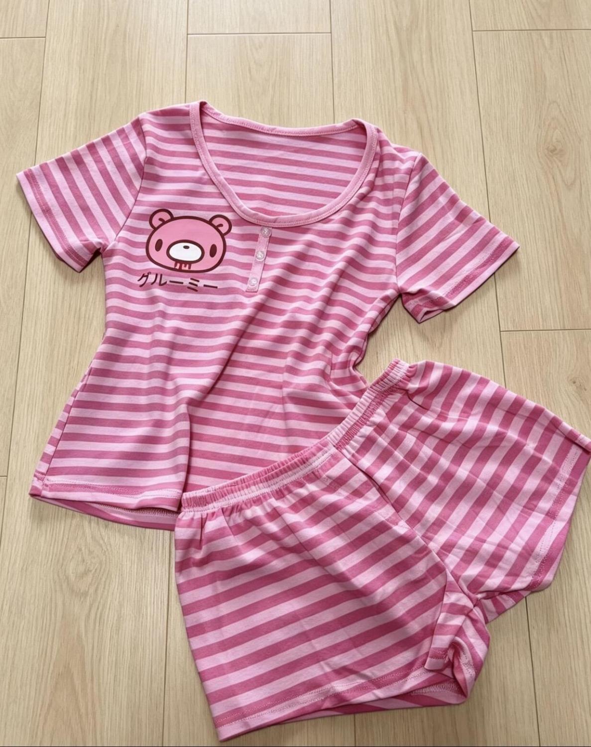 Ensemble 2 pièces japonais pour femme : T-shirt à manches courtes motif ours de dessin animé + Short ajusté à taille élastique, style Y2K Lounge rayé