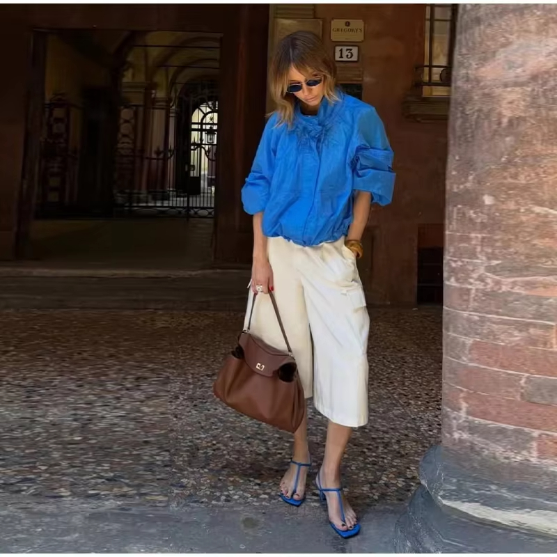 Veste pour femme 2026 Nouvelle collection été – Veste ample en nylon bleu à manches longues, plissée, avec cordon de serrage décoratif, style décontracté et polyvalent