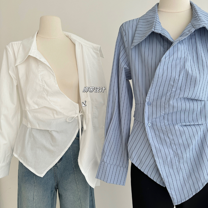 Chemises rayées élégantes pour femmes, chemisiers blancs irréguliers Vintage pour dames, manches longues coréennes, boutons chics, Design Slim, hauts, nouveau