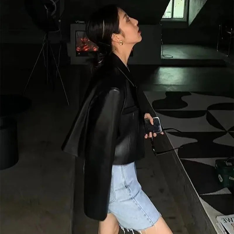 FANAN femmes veste en cuir Vintage américain rue revers court noir PU Biker manteaux femme 2025 automne mode culture hauts manteaux