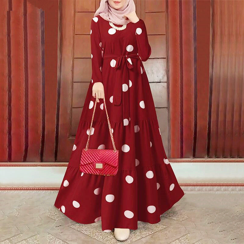 Abaya-Robe musulmane à manches longues et col rond pour femme, caftan décontracté avec ceinture imprimée épissée, Dubaï, Ramadan, Maroc, Eid