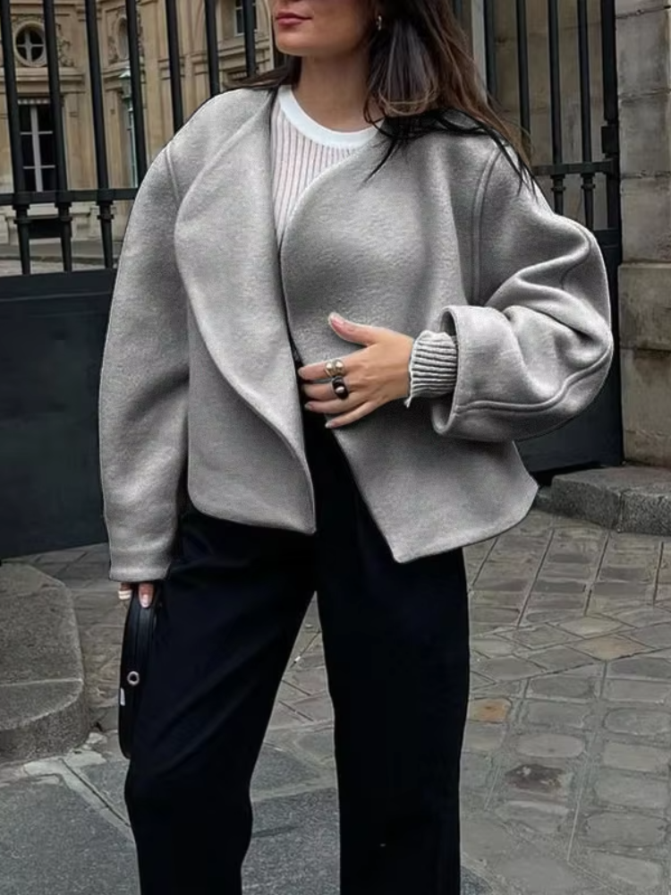 Manteaux courts en laine grise pour femme, veste courte élégante à revers, manches longues, mode dame, vêtements d'extérieur de rue, automne