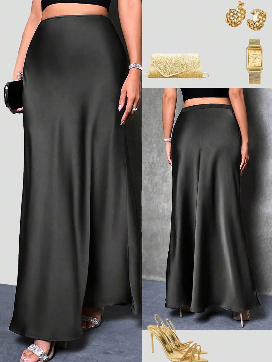 Jupe élégante en satin de couleur unie à taille haute, jupe grande taille pour femmes, adaptée au printemps, à l'été et à l'automne