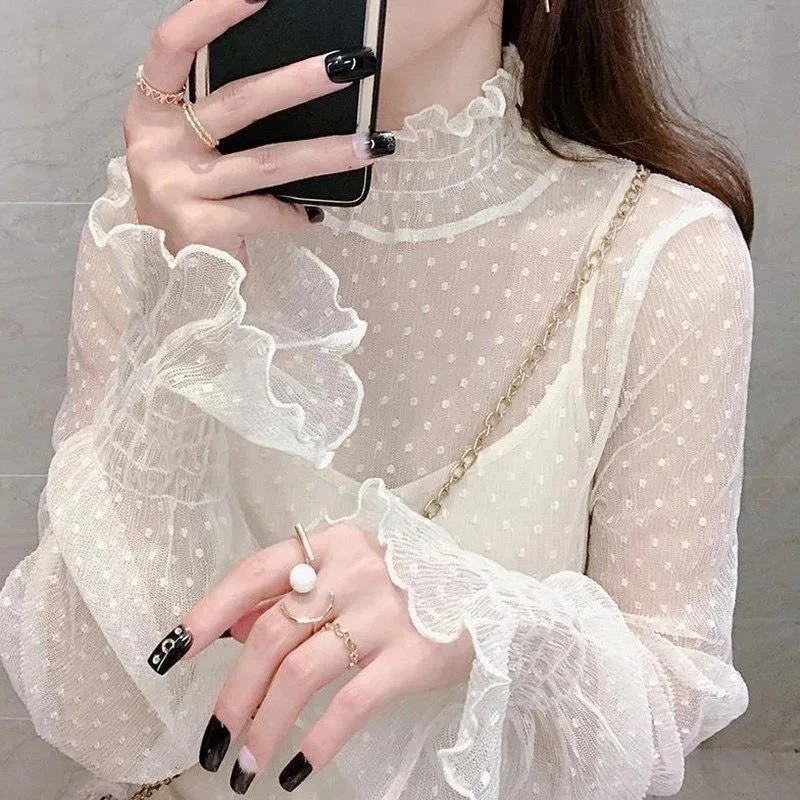 T-shirt noir en dentelle à manches évasées et coupe ajustée pour femme, à manches longues et col rond, haut de base tendance, style kimono, pour femme.