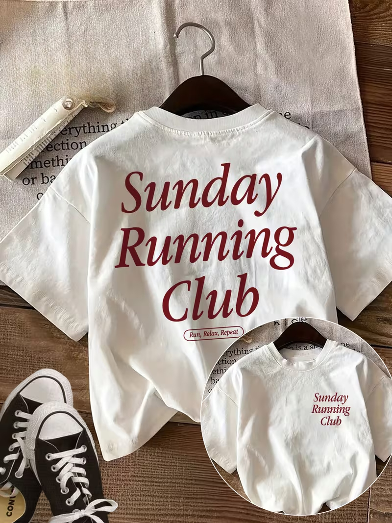 T-shirt pour femme avec motif Sunday Running Club, haut de sport d'extérieur à manches courtes double face, t-shirt décontracté ample pour femme