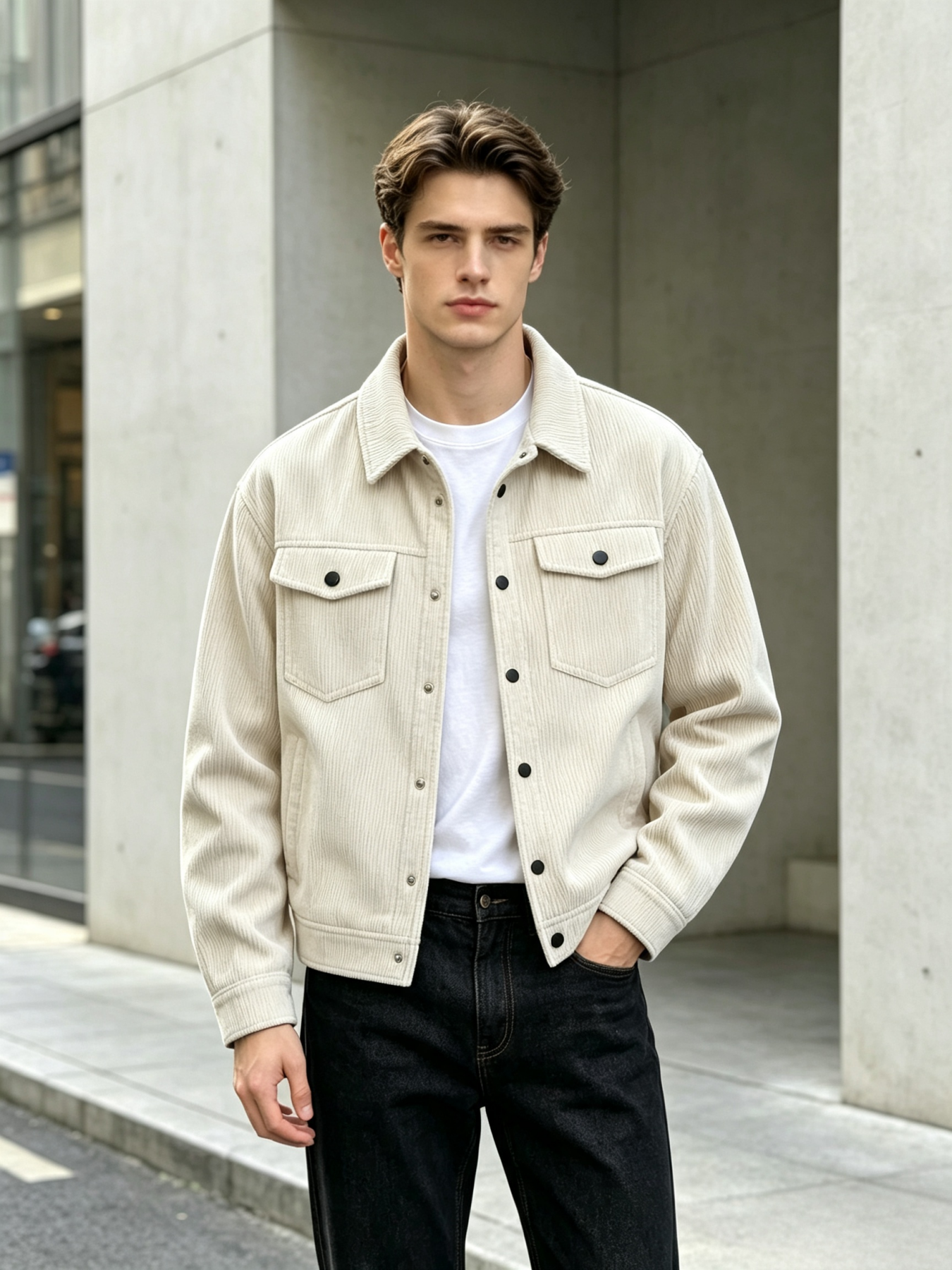 Veste en velours côtelé vintage pour homme, coupe décontractée, style camionneur, col rabattu, fermeture boutonnée, veste de travail avec poches sur la poitrine, printemps A