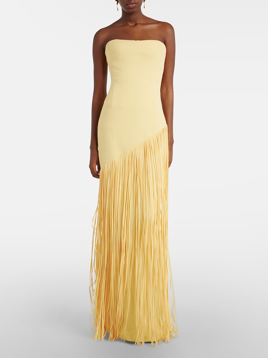 Robe longue élégante jaune sans manches VGH haut de gamme pour femme, coupe ajustée, fluide, avec franges, idéale pour les occasions spéciales