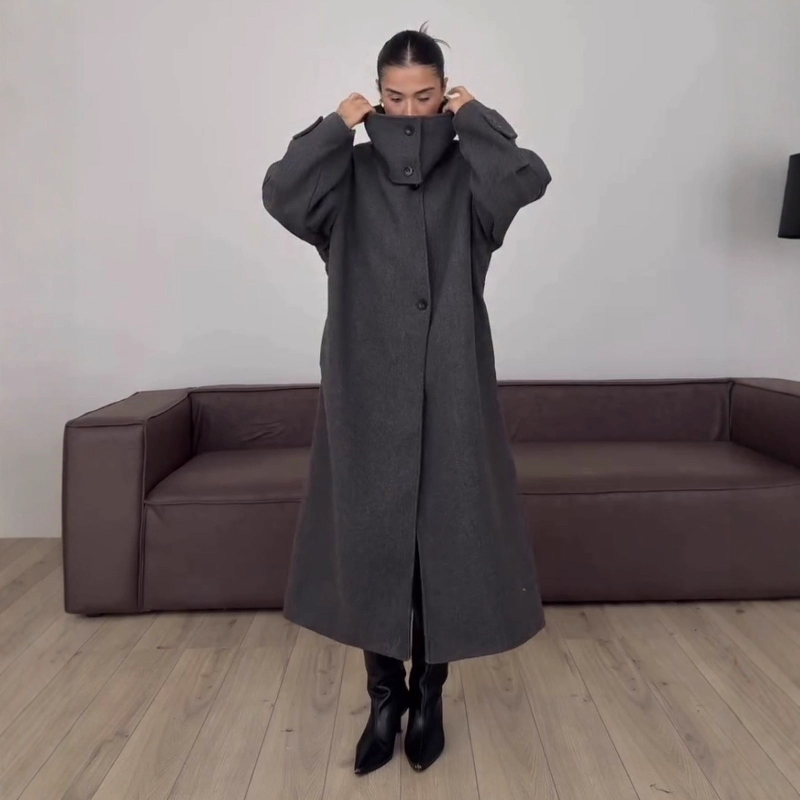 Manteau en laine ample à col montant pour femme, style décontracté, longueur au-dessus du genou, vêtements d'automne pour femme, vestes et manteaux pour femme MJ2