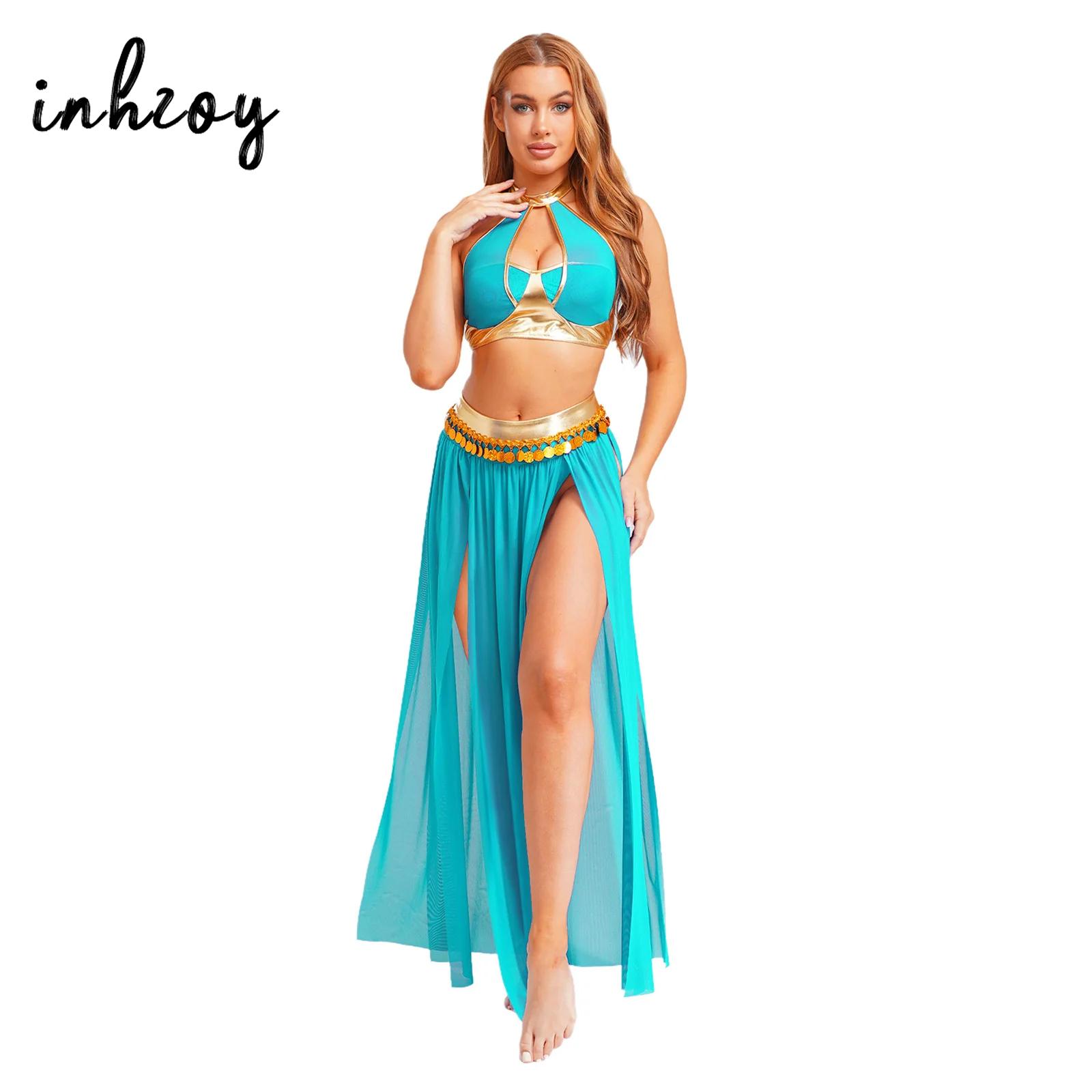 Costume de princesse arabe Sexy pour femmes, haut de soutien-gorge licou avec jupe Maxi fendue haute, tenue de danse du ventre