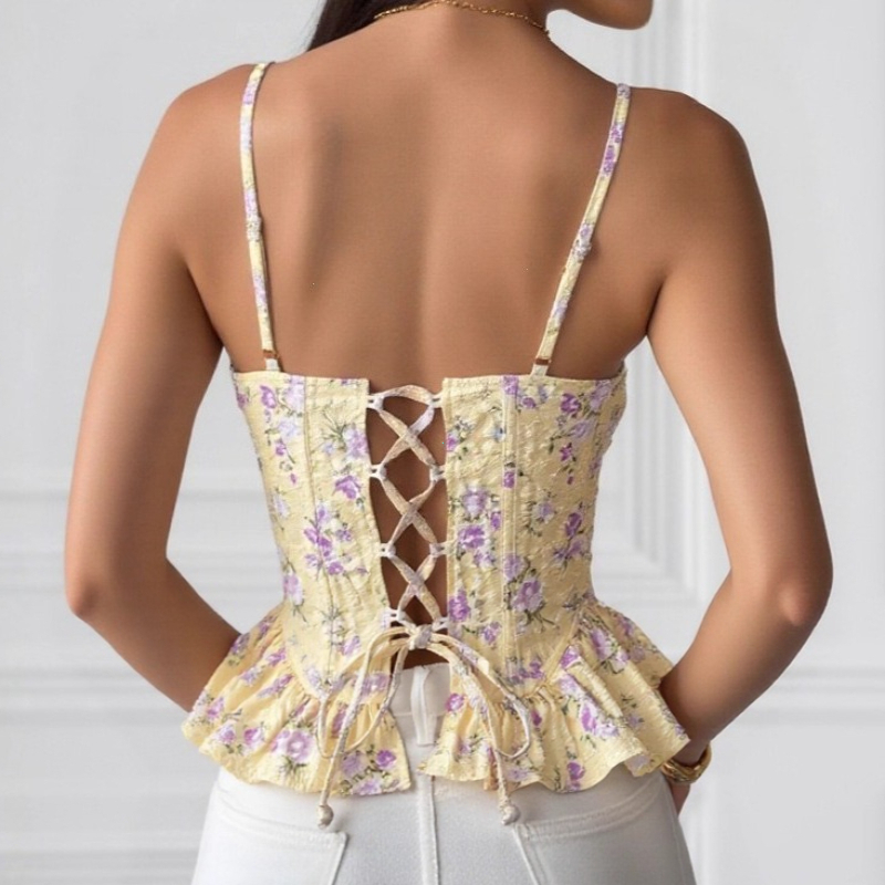 Mini top femme imprimé corset français, style débardeur de plage, à bretelles, coupe asymétrique et ajustée, style streetwear bohème sexy pour les vacances