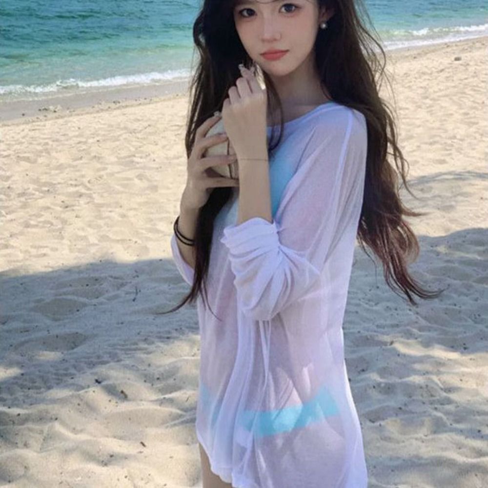 T-shirt ample Transparent pour couverture de Bikini, vêtements de plage d'été, chemises à fond uni, lavables, protection UV