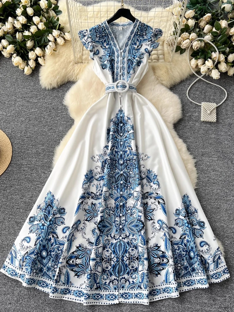 Robe longue bohème à imprimé esthétique pour femmes, vêtements ceinturés à simple boutonnage, mode française, vintage, rétro, nouveau design, été