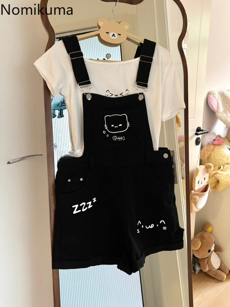 Ensembles courts vêtements d'été femmes deux pièces ensemble tunique t-shirts blancs dessin animé salopette Shorts tenues Style Preppy costume japonais