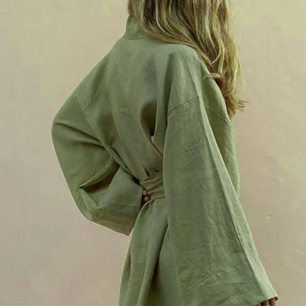 Mini robe kimono en coton et lin pour femmes, cardigan à col en V, manches longues, ceintures, style à lacets, robe éducative d'été
