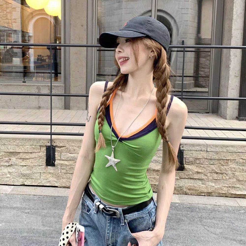 Débardeur Camisole Faux Deux Pièces Tendance, Coupe Ajustée à Bretelles, Crop Top Sexy, Haut de Base pour Usage Quotidien