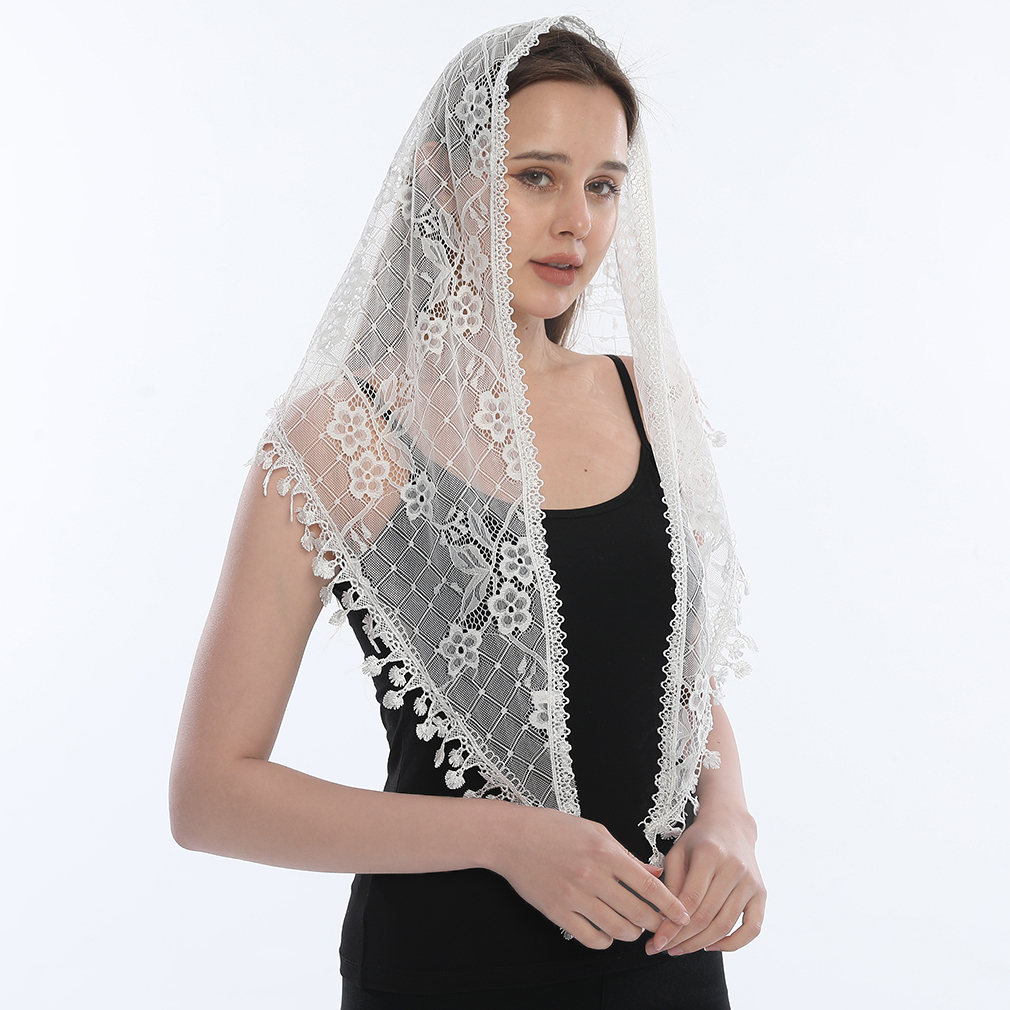 Écharpe brodée pour châle d'église avec franges espagnoles, voile chrétien, mantille espagnole, châle en dentelle, mouchoir Floral pour femmes