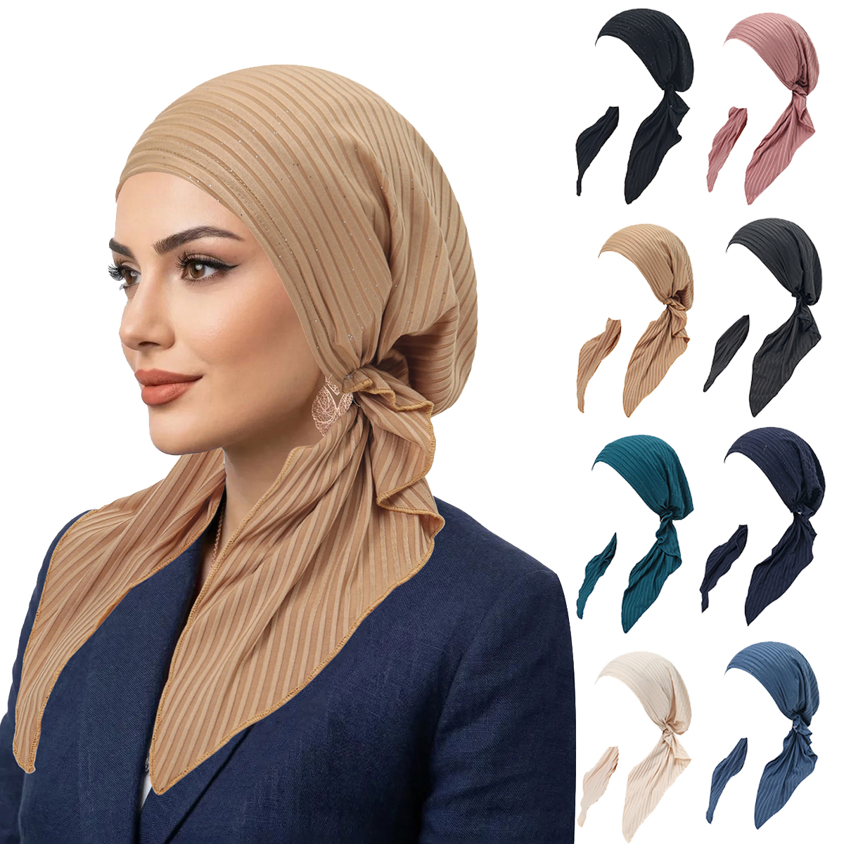 Chapeaux Turban Hijab Musulman à Rayures Tendance, Foulards à Longue Queue, Bonnets Hijab Élastiques Respirants pour Femmes et Filles