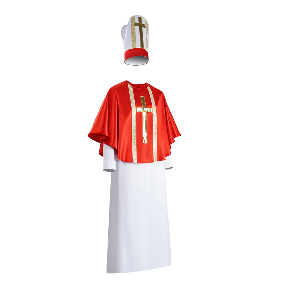 Costume de Prêtre Rétro pour Hommes Adultes, Robe Médiévale de Pape, Cape et Chapeau de Pasteur, Tenue de Fête d'Halloween et de Carnaval