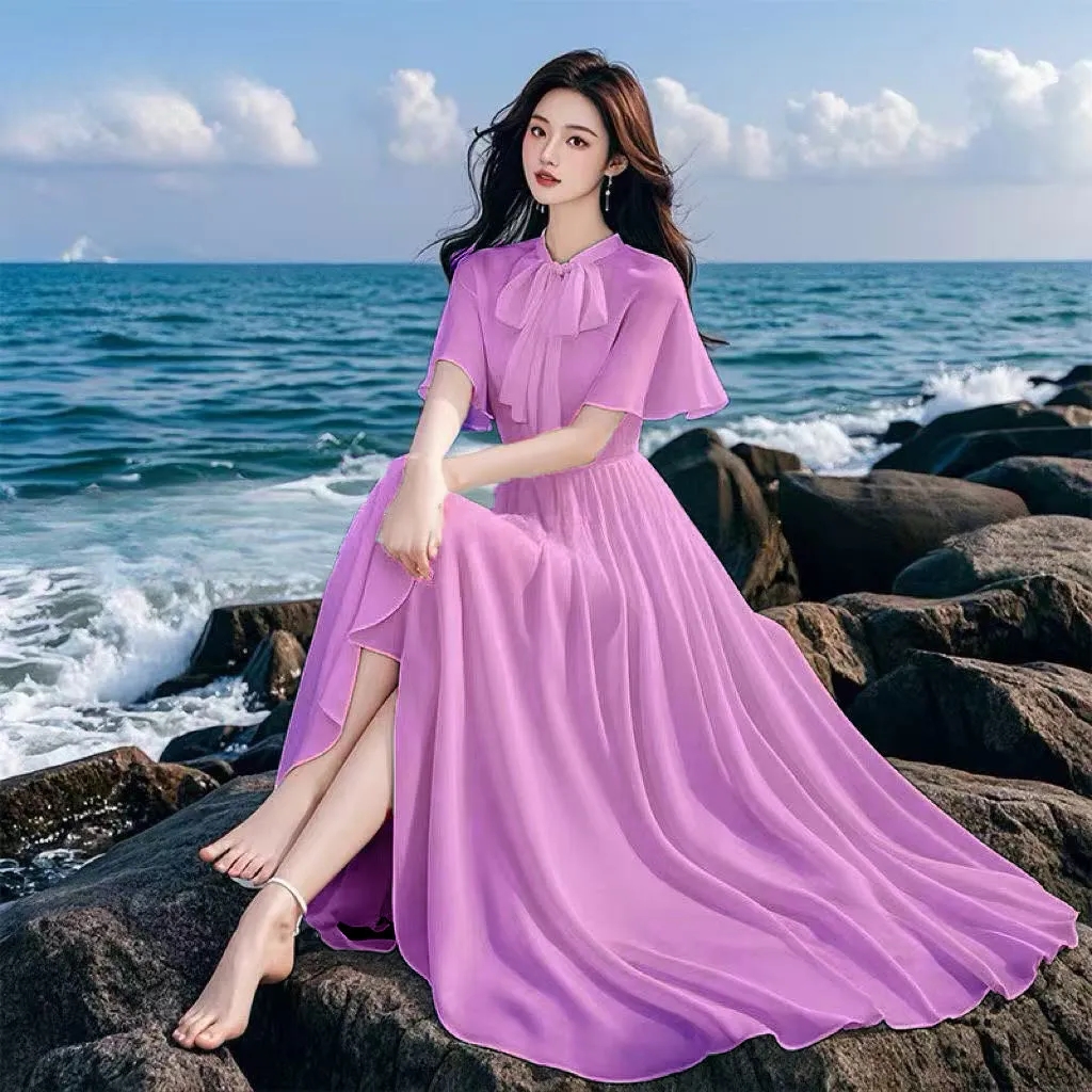 Robe en mousseline 2026 Nouvelle collection été pour femme, élégante, pour vacances à la plage, longue, unie, ajustée, à grande ampleur
