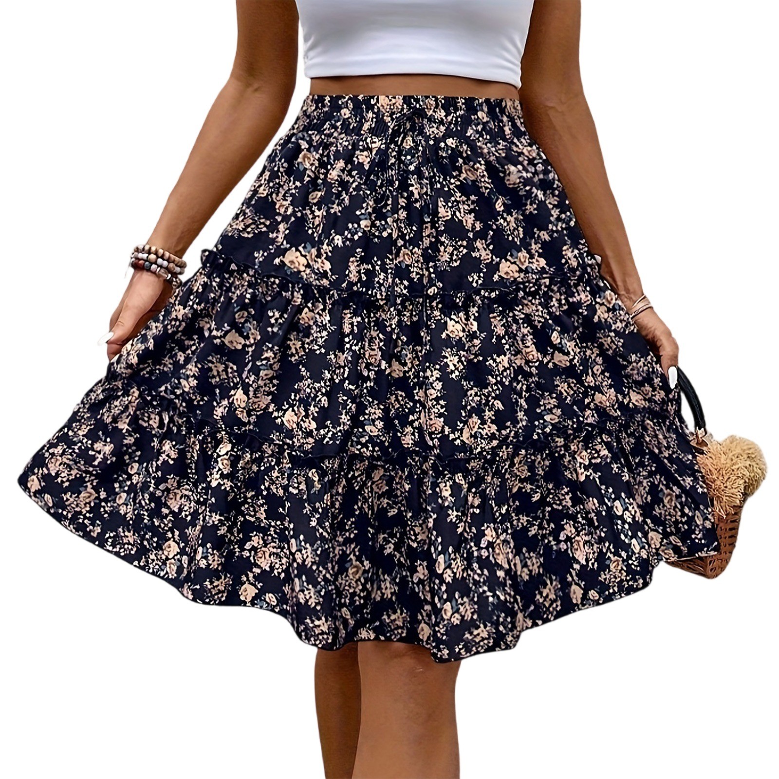 Femmes épissées ​ ​ Jupe gâteau à la mode imprimé fleuri, sangle de taille élastique, jupes décontractées polyvalentes, jupe confortable jusqu'aux genoux