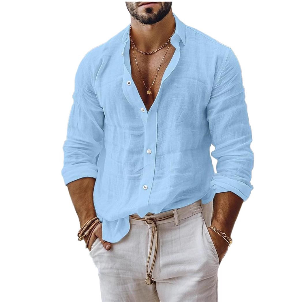 Hommes Blouse chemises été col rabattu à manches longues bouton couleur unie vêtements de plage amples lin Blouse hauts NMD-20250821001