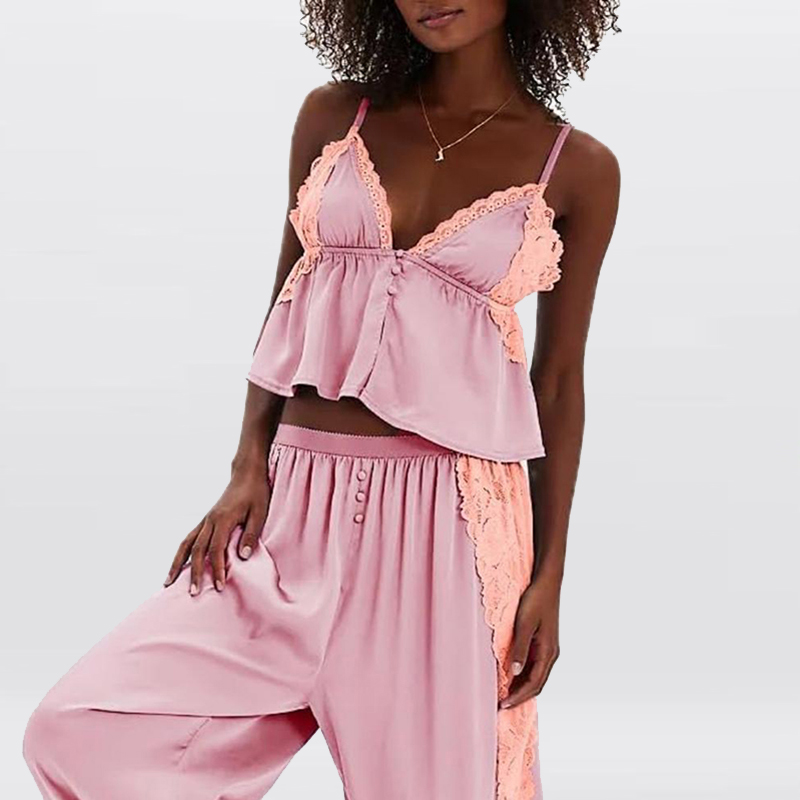 Ensemble décontracté d'été 2026 pour femme : Haut sans manches col en V et pantalon, couleur unie simple avec patchwork de dentelle, deux pièces