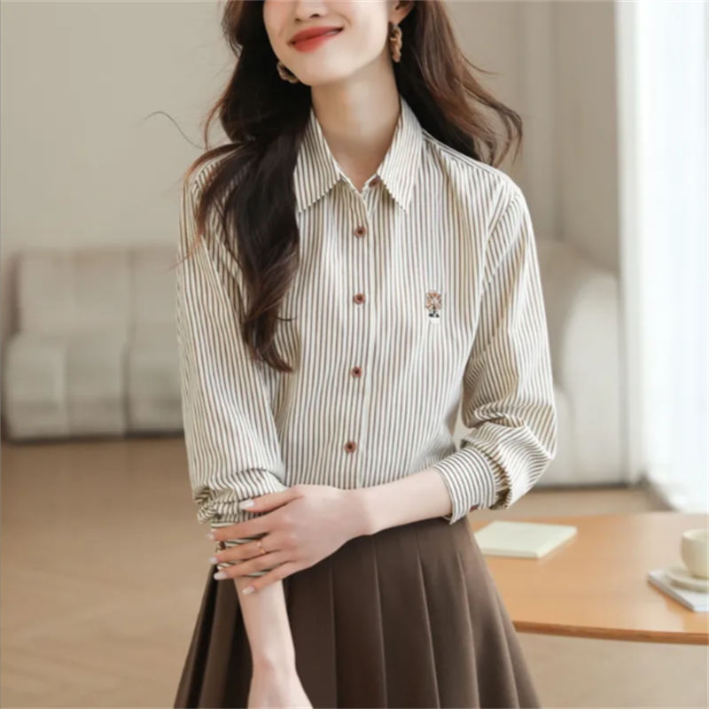 Chemises amples à rayures pour femmes, chemisier brodé, vêtements de printemps et d'automne pour femmes, haut à boutons, mode élégante pour jeunes femmes