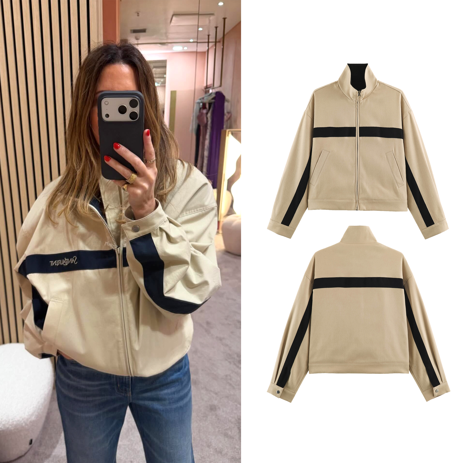 Vestes kaki pour femmes, automne, chic, couleur contrastée, col montant, manches longues, fermeture éclair, vestes décontractées pour femmes, streetwear.