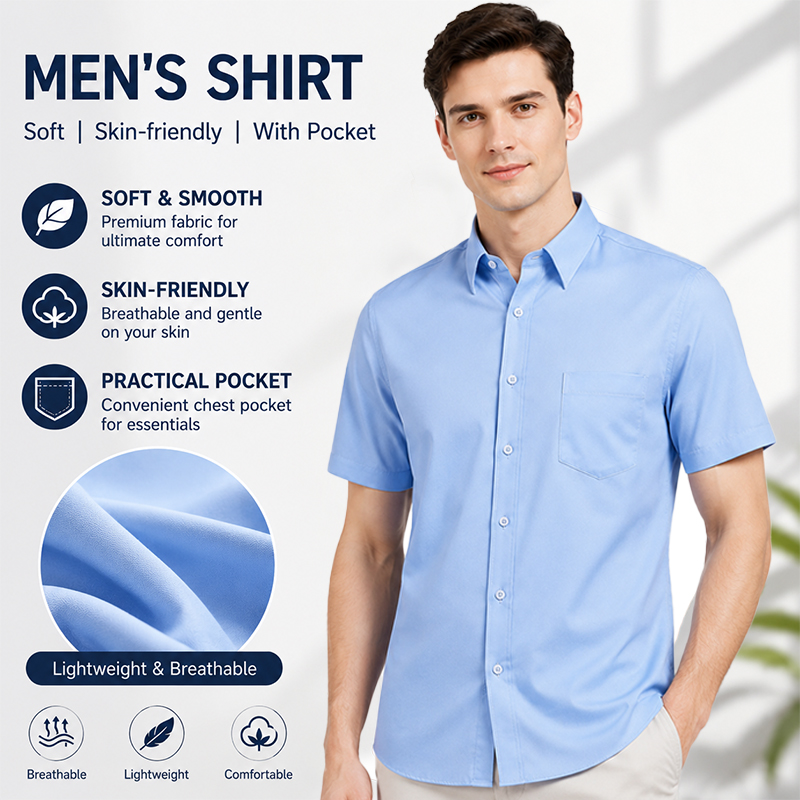 Chemise habillée à manches courtes pour homme, en coton doux et agréable pour la peau, respirante, boutonnée avec poche, haut décontracté d'été pour homme