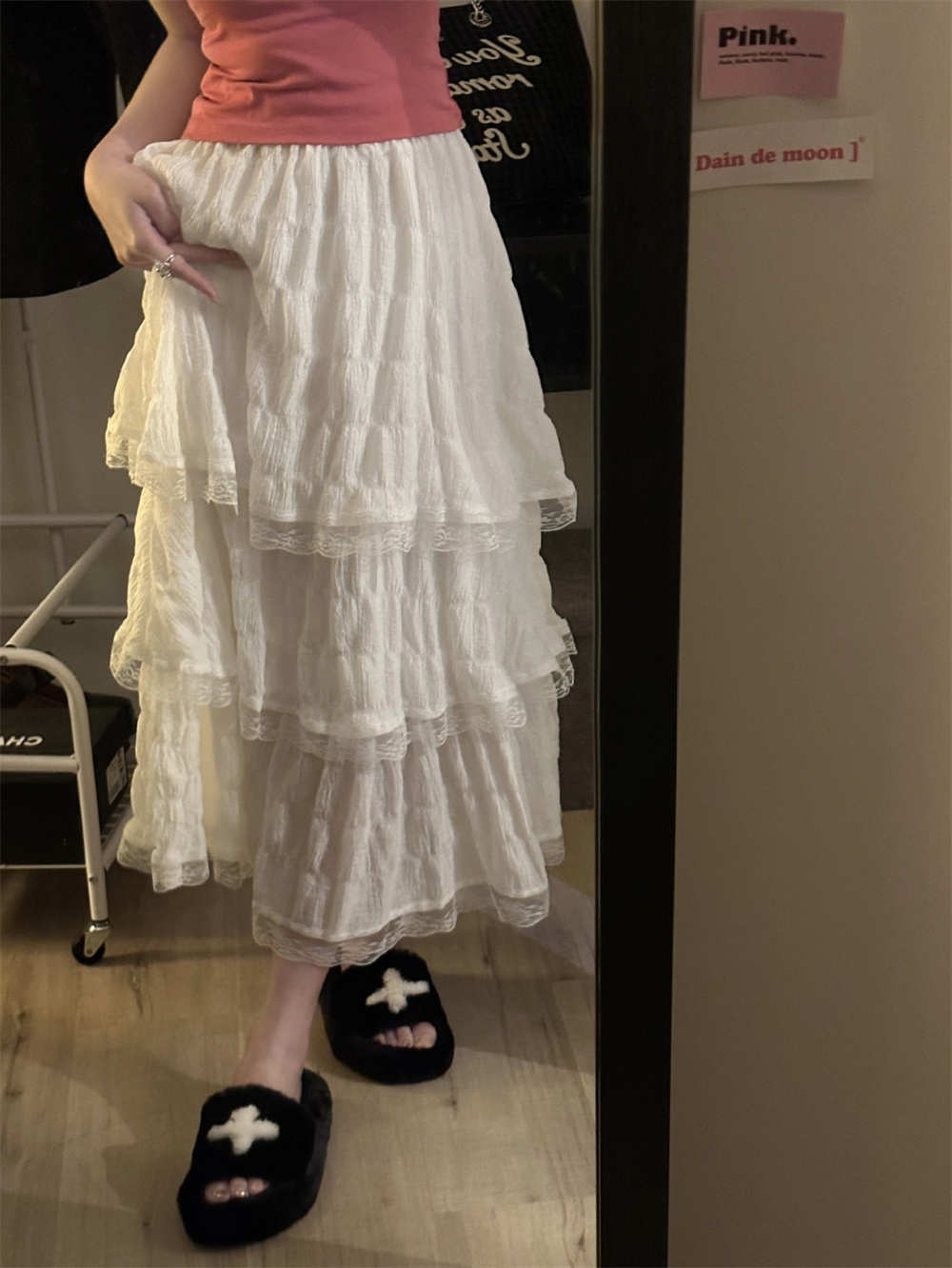 Valider ens-Jupe longue en dentelle au crochet pour femme, taille haute élastique, volants bas, jupes plissées, blanc, noir, mode coréenne, nouveau, été, 2024