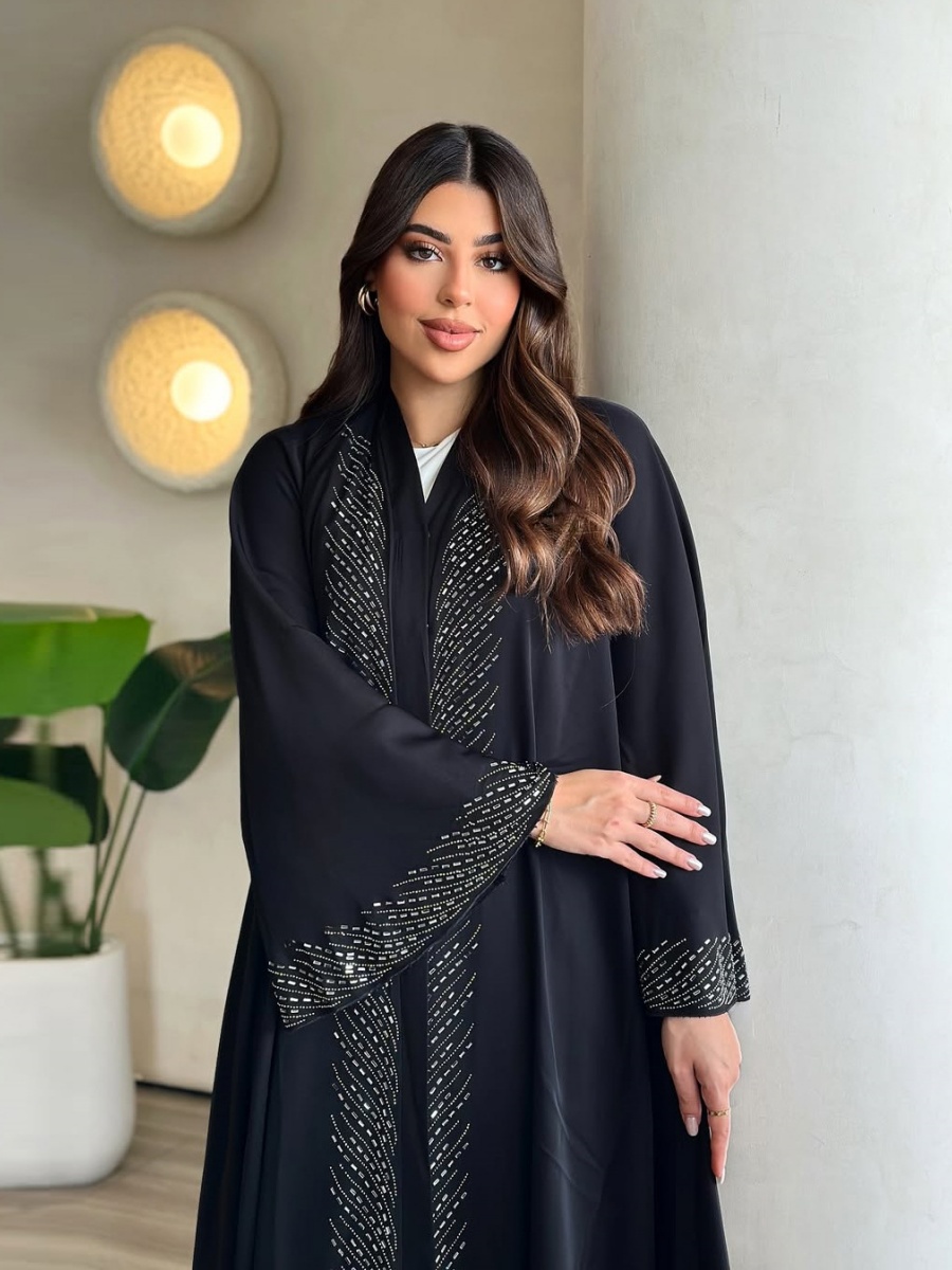Abaya de Luxe pour Femmes Musulmanes de Dubaï, Robe Longue Kimono Cardigan Modeste avec Strass Thermocollants et Perles, Kaftan, Robe Femme, Vêtement Islamique
