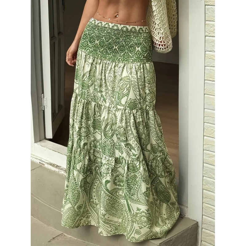 Jupe longue maxi pour femme, style bohème, imprimé cachemire, taille haute, froncée, à volants, fluide, décontractée, pour l'été et la plage