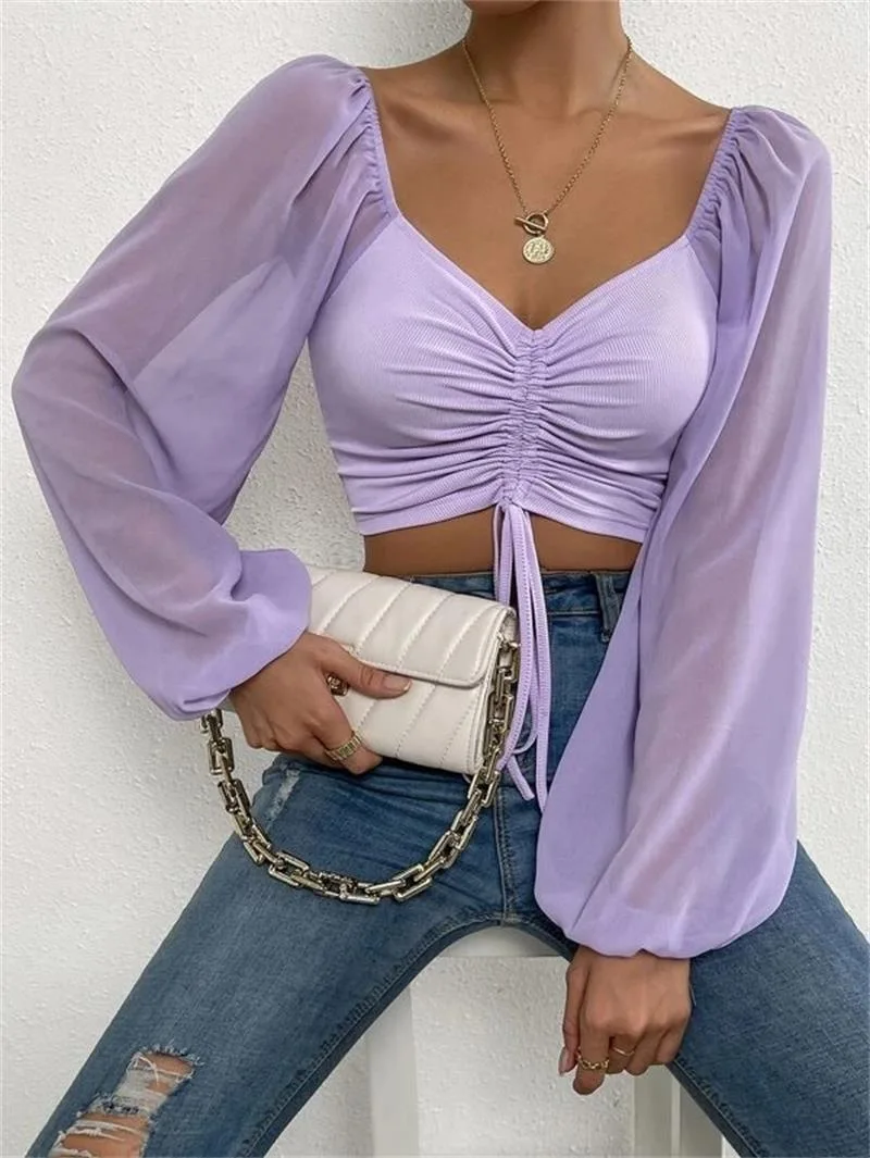 Grande taille haut pour femme cordon avant manches transparentes T-Shirt court col plongeant manches longues tricot côtelé chemisier froncé printemps été