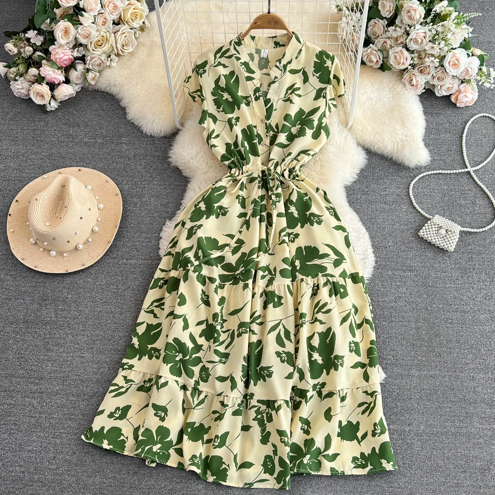 Robe mi-longue à fleurs pour femmes, Vintage, col en v, ourlet à volants, élégante, simple boutonnage, vacances, plage, été, 2026