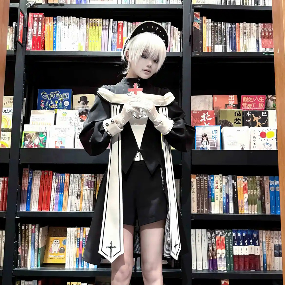 Costume de cosplay de nonne gothique, robe lolita sombre originale, uniforme pour femmes, ensemble manteau long noir et short, tenues d'Halloween