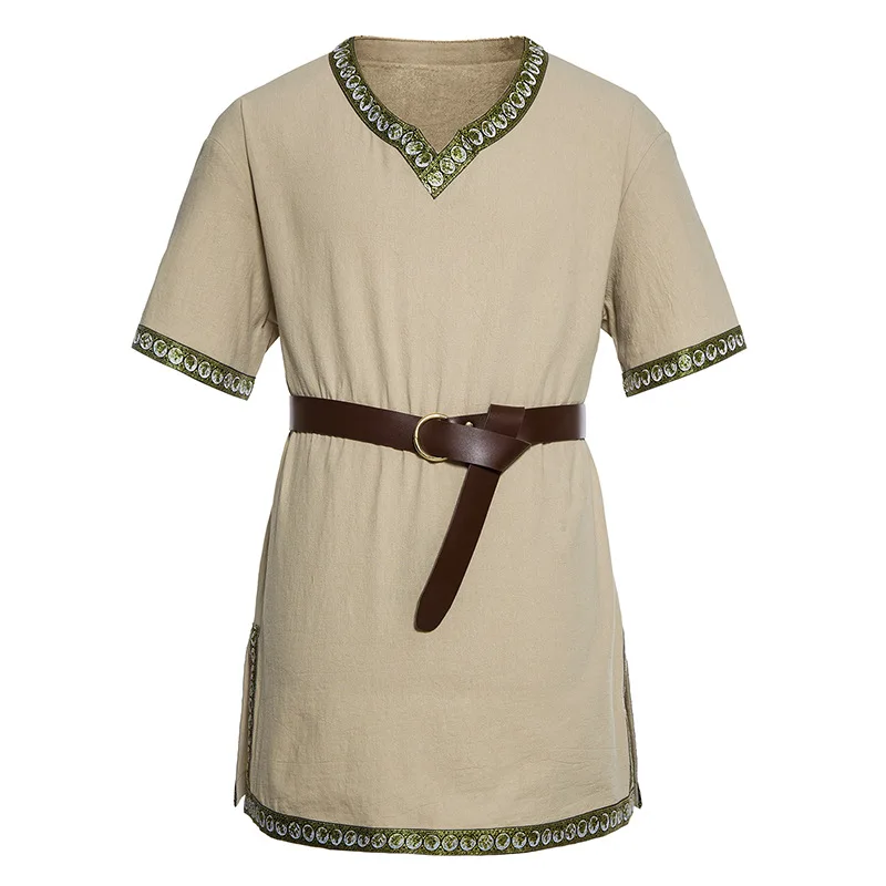 Tunique médiévale longue chemise en coton et lin hommes Costume de Pirate Viking tressé hauts amples tenue de guerrier Renaissance adulte grande taille