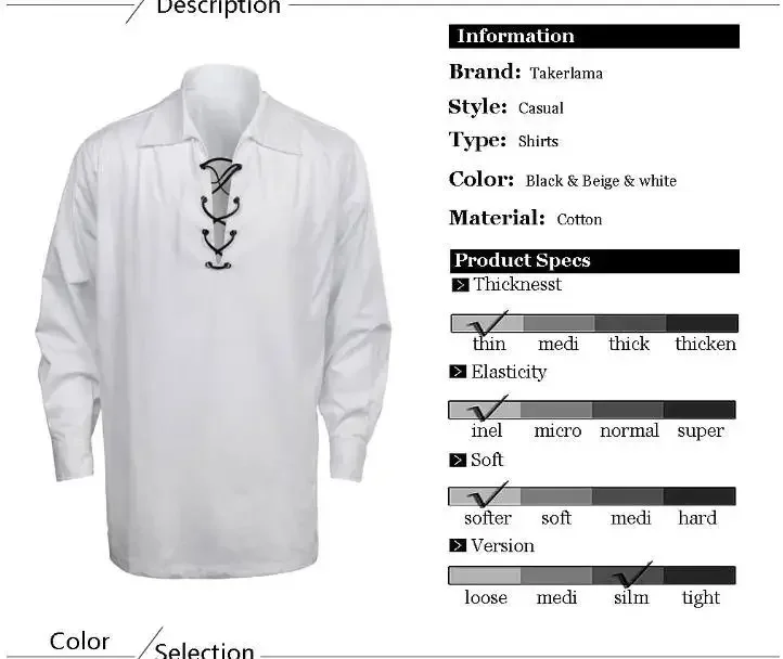 Haut de chemise décontracté à manches longues pour homme, style médiéval, pour jeu de rôle, en tissu Dry Kelp
