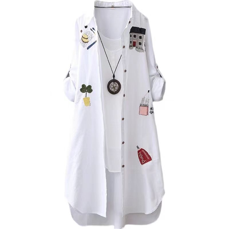 Manteau de protection solaire brodé à manches longues pour femmes, chemise boutonnée mi-longue, manteau fin, haut blanc à manches roulées