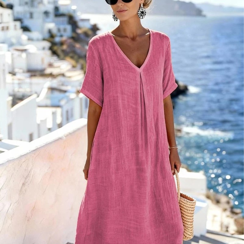 Robe vintage pour femmes, décontractée, printemps et été, jupe longue ample, manches courtes, col en v, robes unies en coton et lin pour femmes