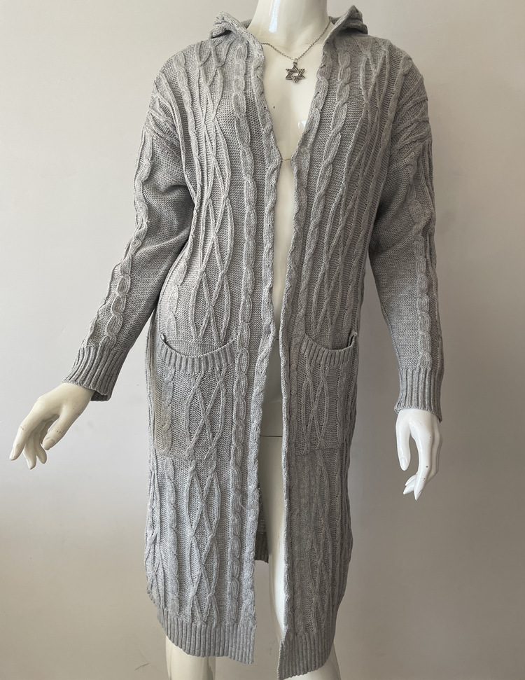 Cardigan à Capuche Tressé et Long pour Femme, Chandail à la Mode, HHX2003, Nouvelle Collection 2023