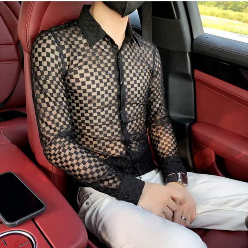 Printemps automne nouvelle mode Plaid un col pointu vêtements pour hommes chemises à manches longues bouton évider mince coréen Chaopai Blouse